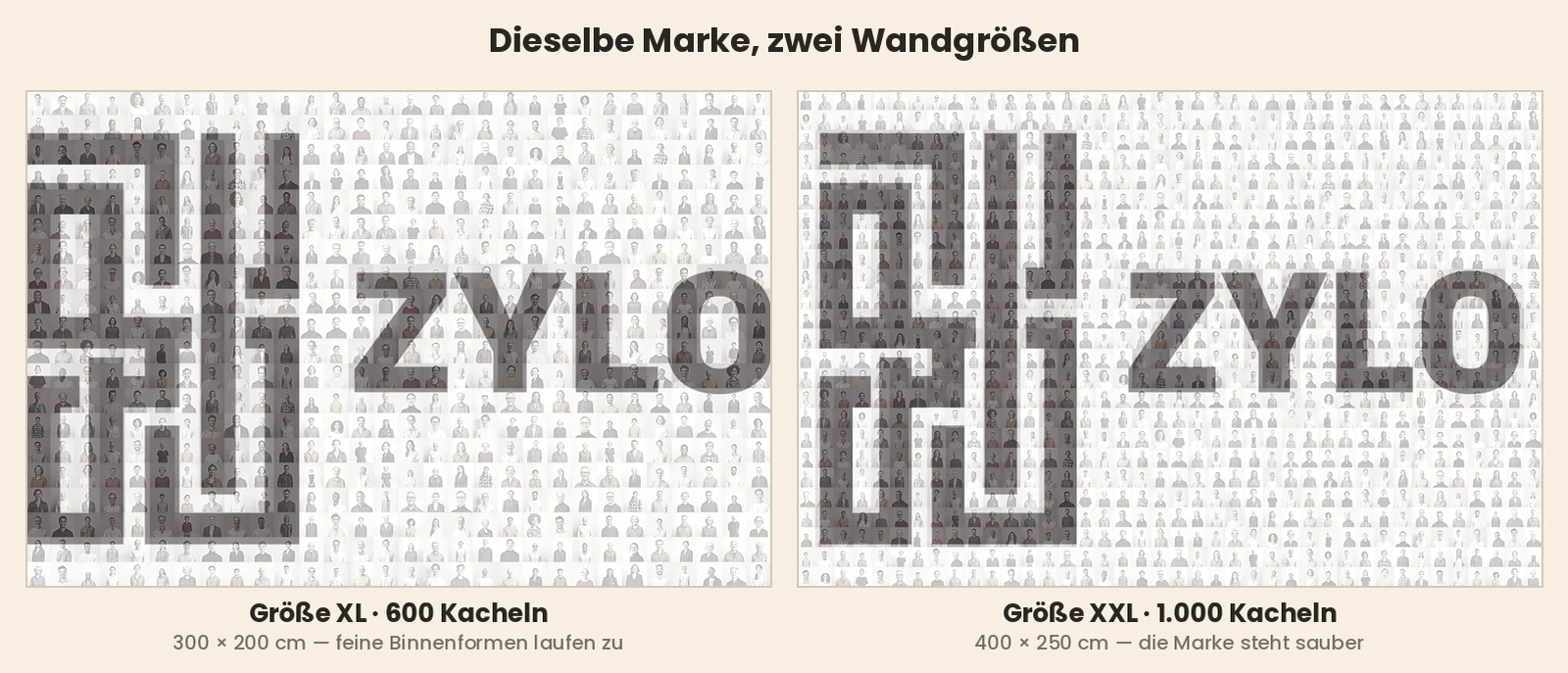 Ein Firmenlogo als Foto-Mosaik in zwei Auflösungen nebeneinander: mit 600 Kacheln verlaufen die feinen Binnenformen, mit 1.000 Kacheln bleibt die Marke sauber