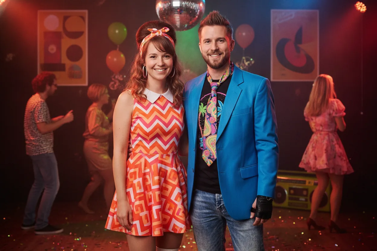 Dasselbe Paar in bunter 80er-Jahre-Kleidung auf einer Party mit Discokugel
