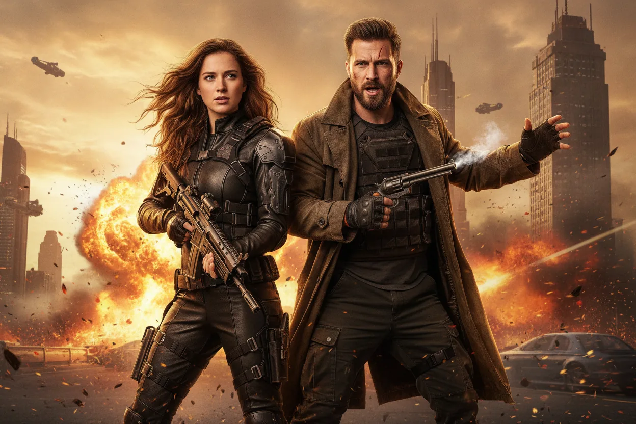 Dasselbe Paar als Actionfilm-Helden vor einer brennenden Stadtkulisse