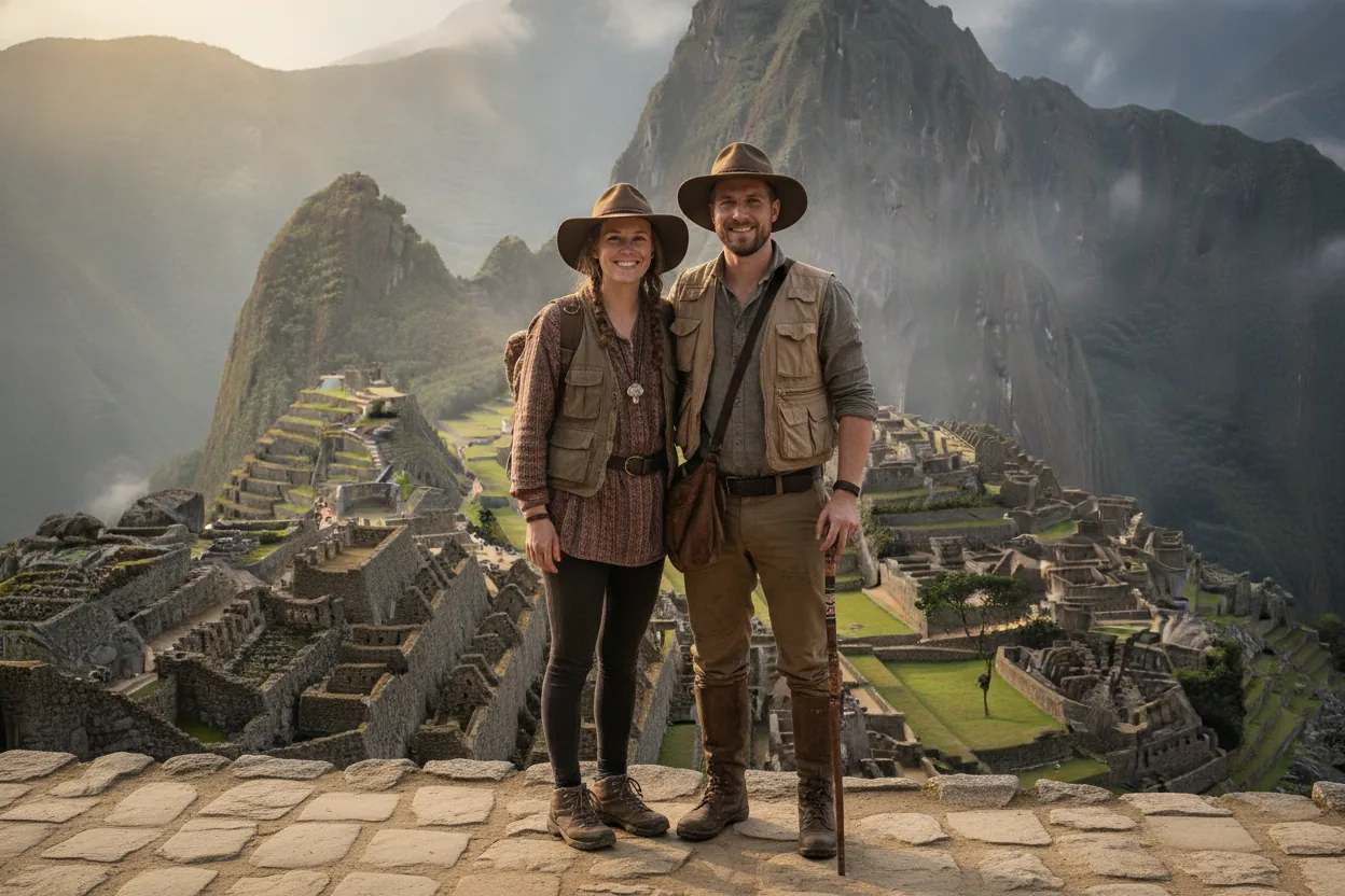 Dasselbe Paar in Expeditionskleidung vor der Ruinenstadt Machu Picchu