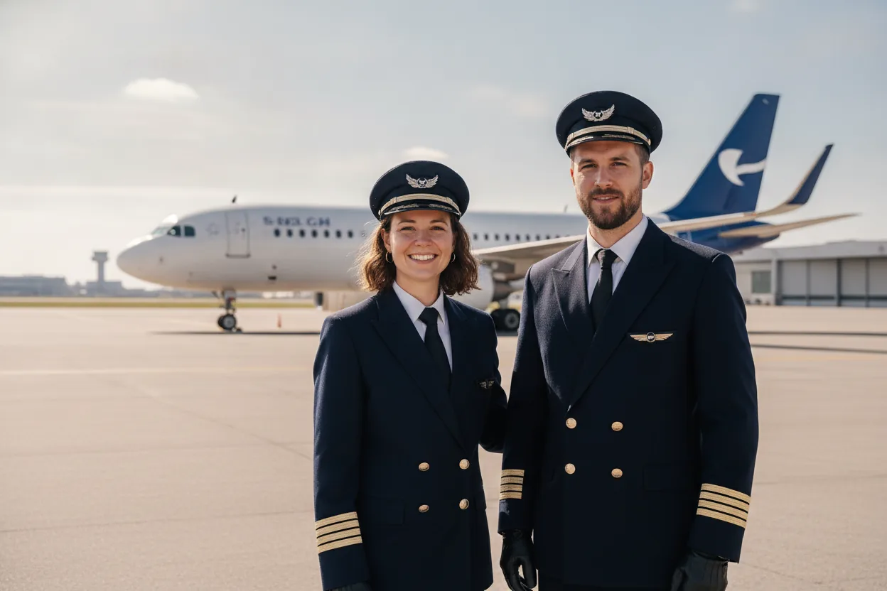 Dasselbe Paar in Pilotenuniform vor einem Passagierflugzeug auf dem Rollfeld