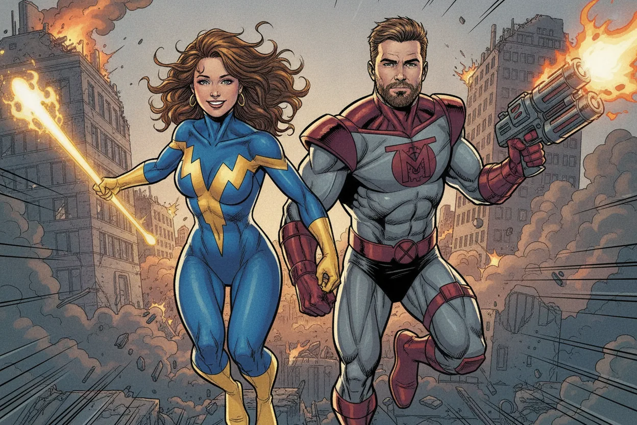 Dasselbe Paar als gezeichnete Comic-Superhelden in bunten Kostümen