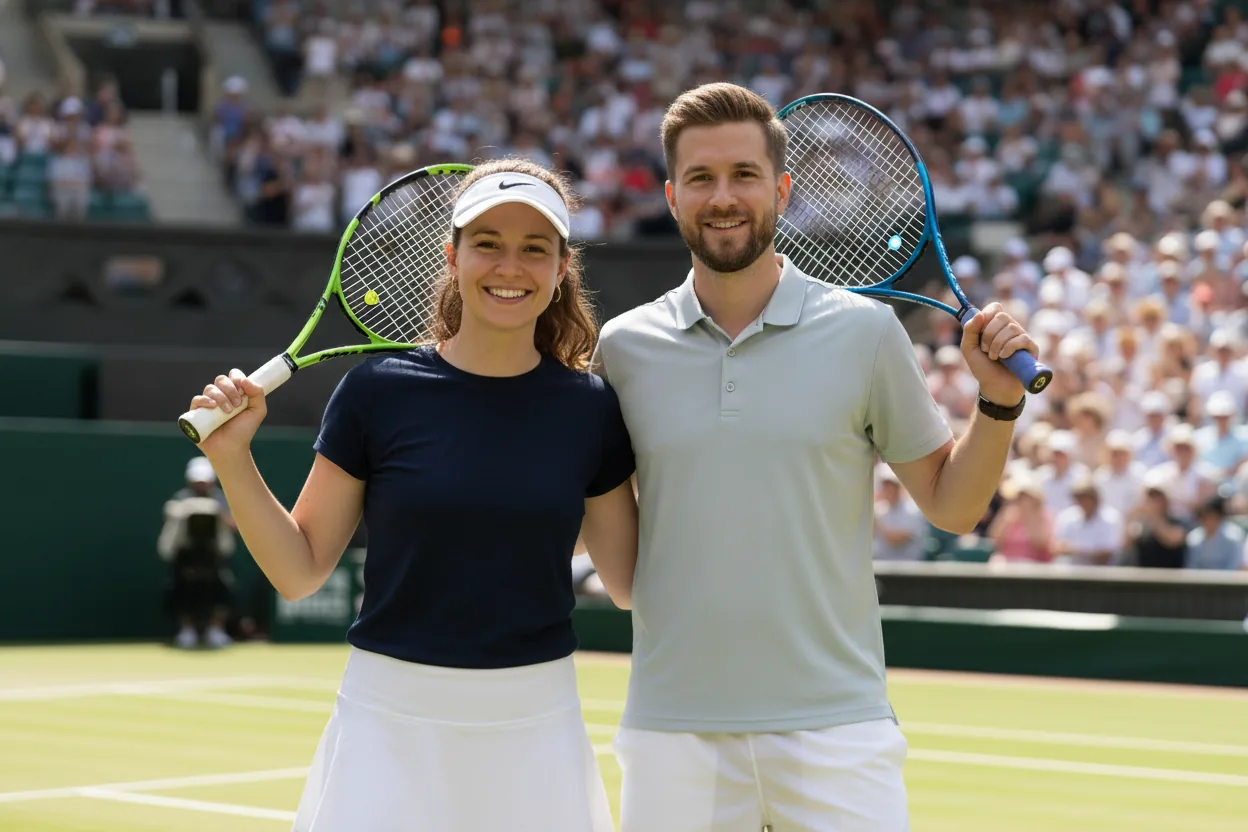 Dasselbe Paar in Tennis-Kleidung mit Schlägern auf einem Rasenplatz vor vollen Rängen