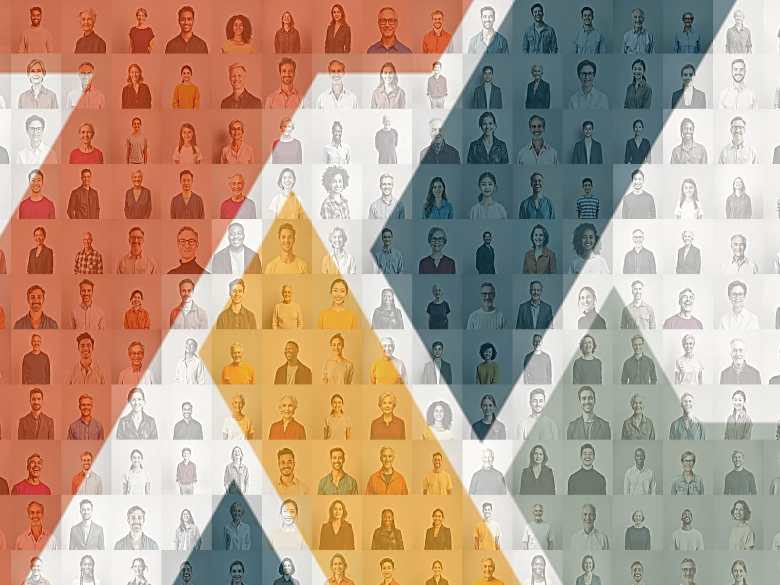 Nahaufnahme eines Fotomosaiks: Eine Motivkante verläuft mitten durch die Kacheln, links warm getönt, rechts blau — die Gesichter bleiben in beiden Hälften lesbar