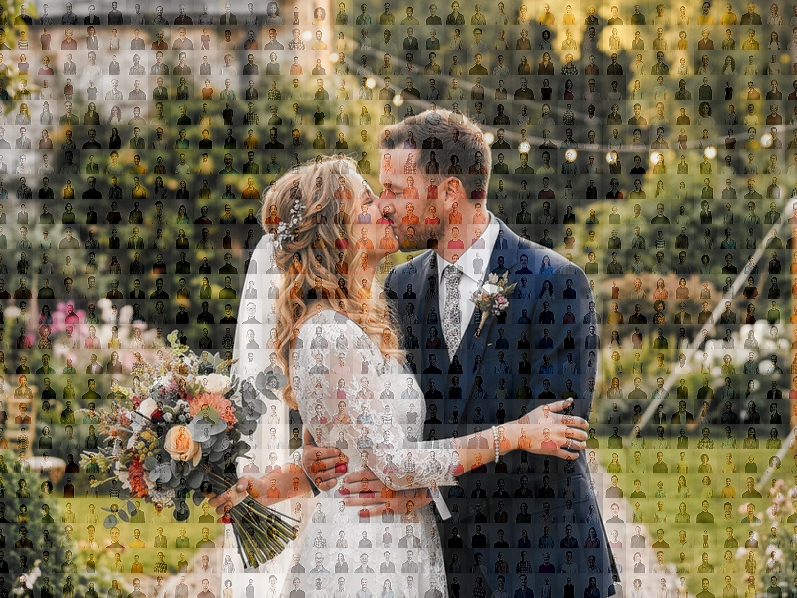 Fotomosaik einer Hochzeit: Das Brautpaar als Motiv, zusammengesetzt aus 960 Kacheln mit Gästefotos